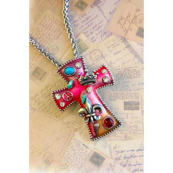Jewelry - Pink Ombre Enamel Cross Pendant Necklace Crown Fleur De Lis Charms Boho Jewelry